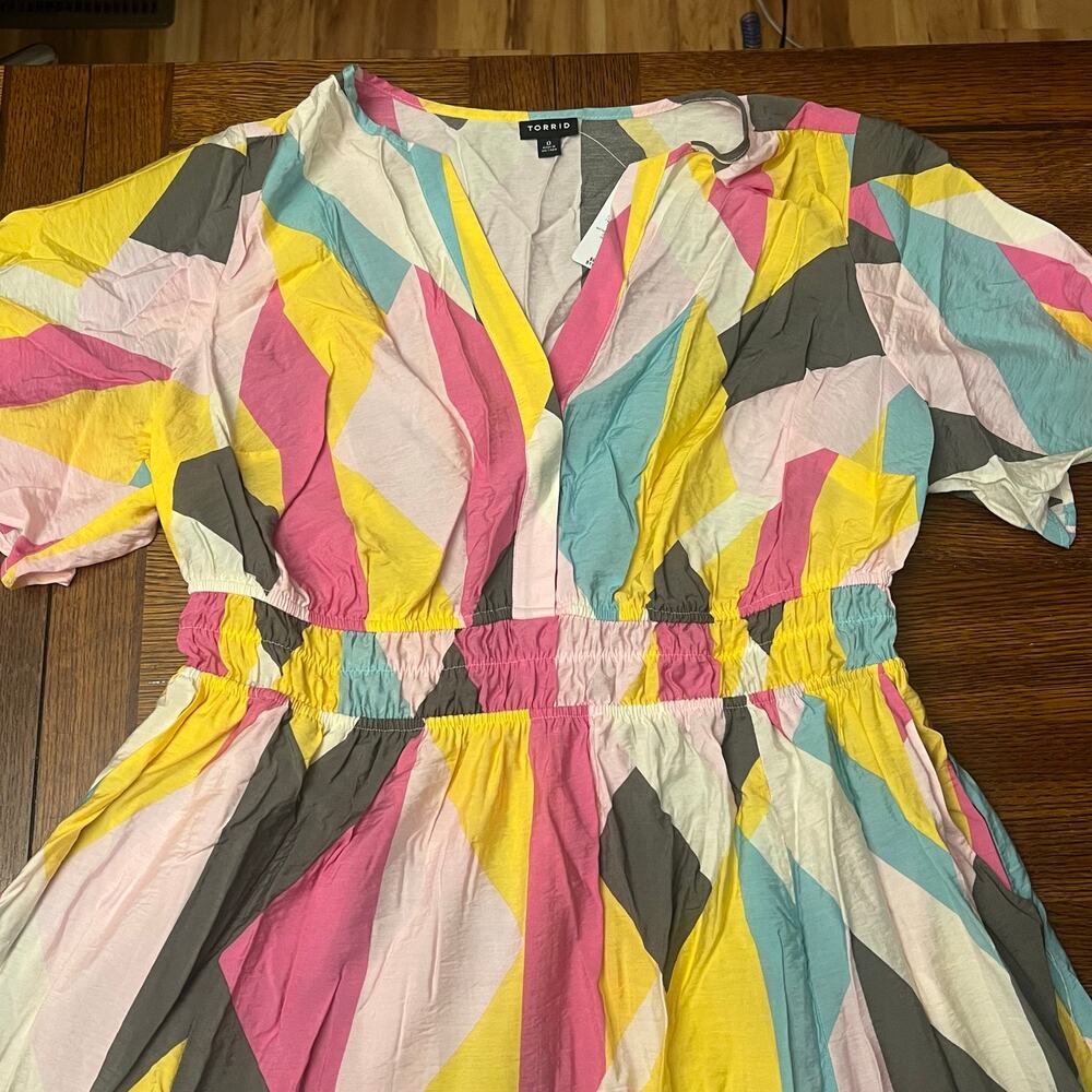 NWT Torrid 0 L 12 Giant Geo Tiered Maxi Dress Plus Pink Yellow Pockets - Picture 15 of 16